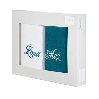 Komplet ręczników MĄŻ ŻONA 2 szt. 50x90 Eurofirany biały/c.turkusowy