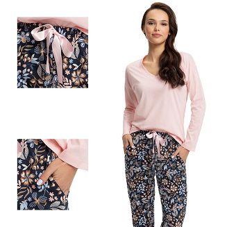 Piżama damska LUNA kod 614 różowa / spodnie w ciemne kwiaty