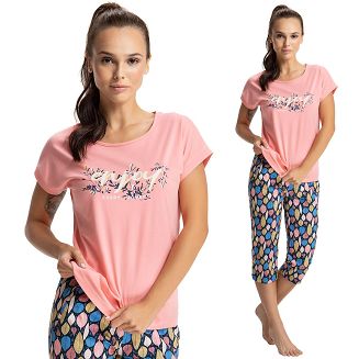 Piżama damska LUNA kod 616 różowa / kolorowe listki