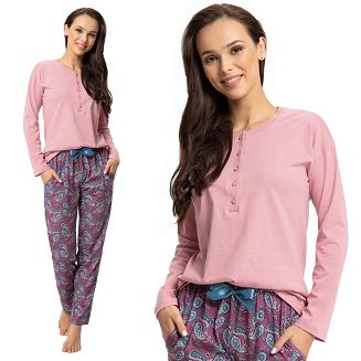 Piżama damska LUNA kod 617 różowa zapięcie polo / bordowe spodnie we wzór paisley
