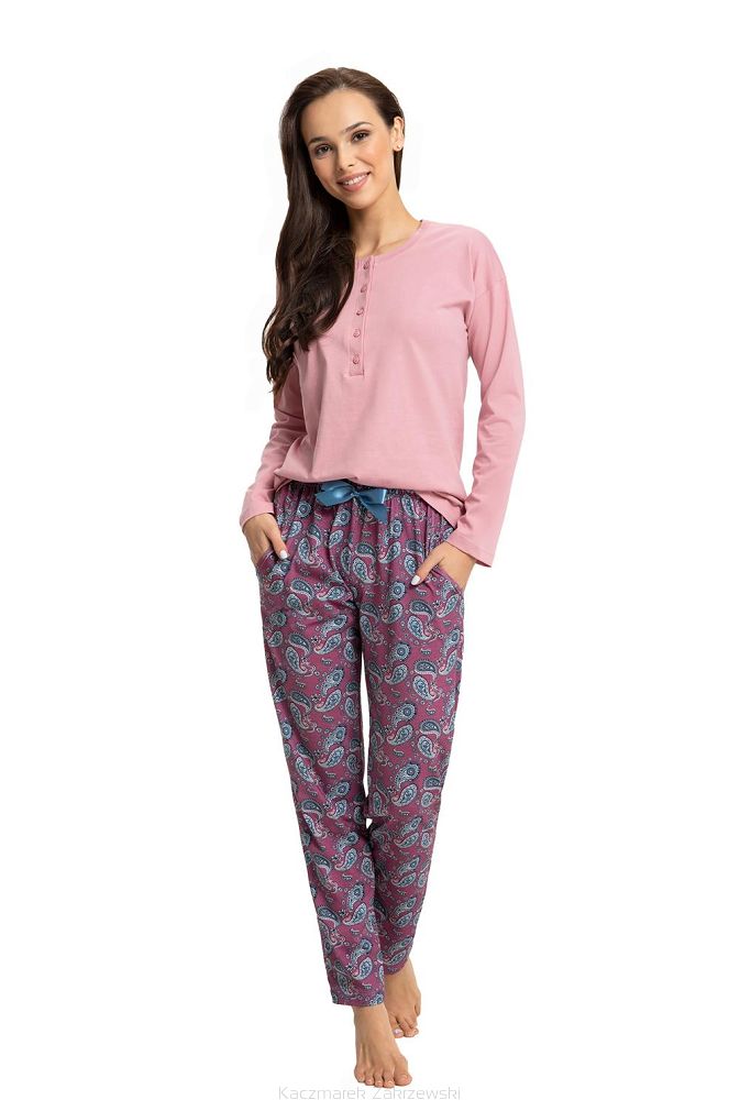 Piżama damska LUNA kod 617 różowa zapięcie polo / bordowe spodnie we wzór paisley